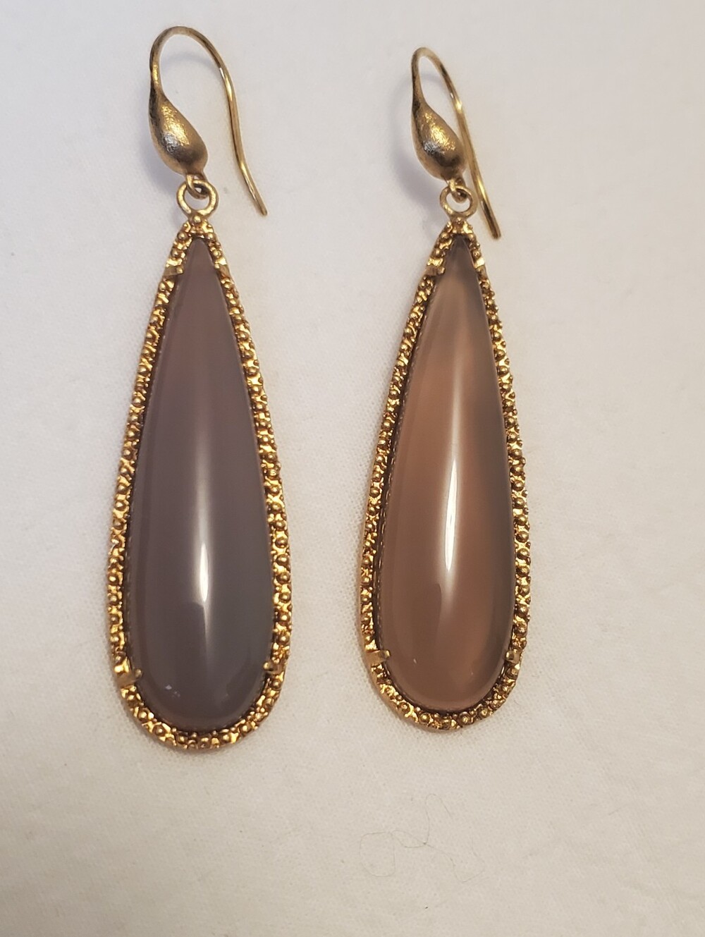 Gold-tone Elongated Teardrop Dangle Earrings with Taupe Stones